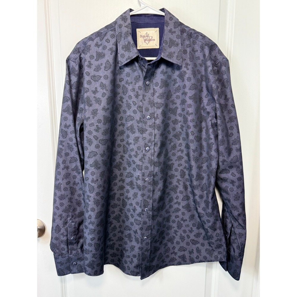 Age of Wisdom Mens Navy‎ Blue Paisley Snap Front Long Sleeve Shirt Large Stretch - Picture 1 of 10